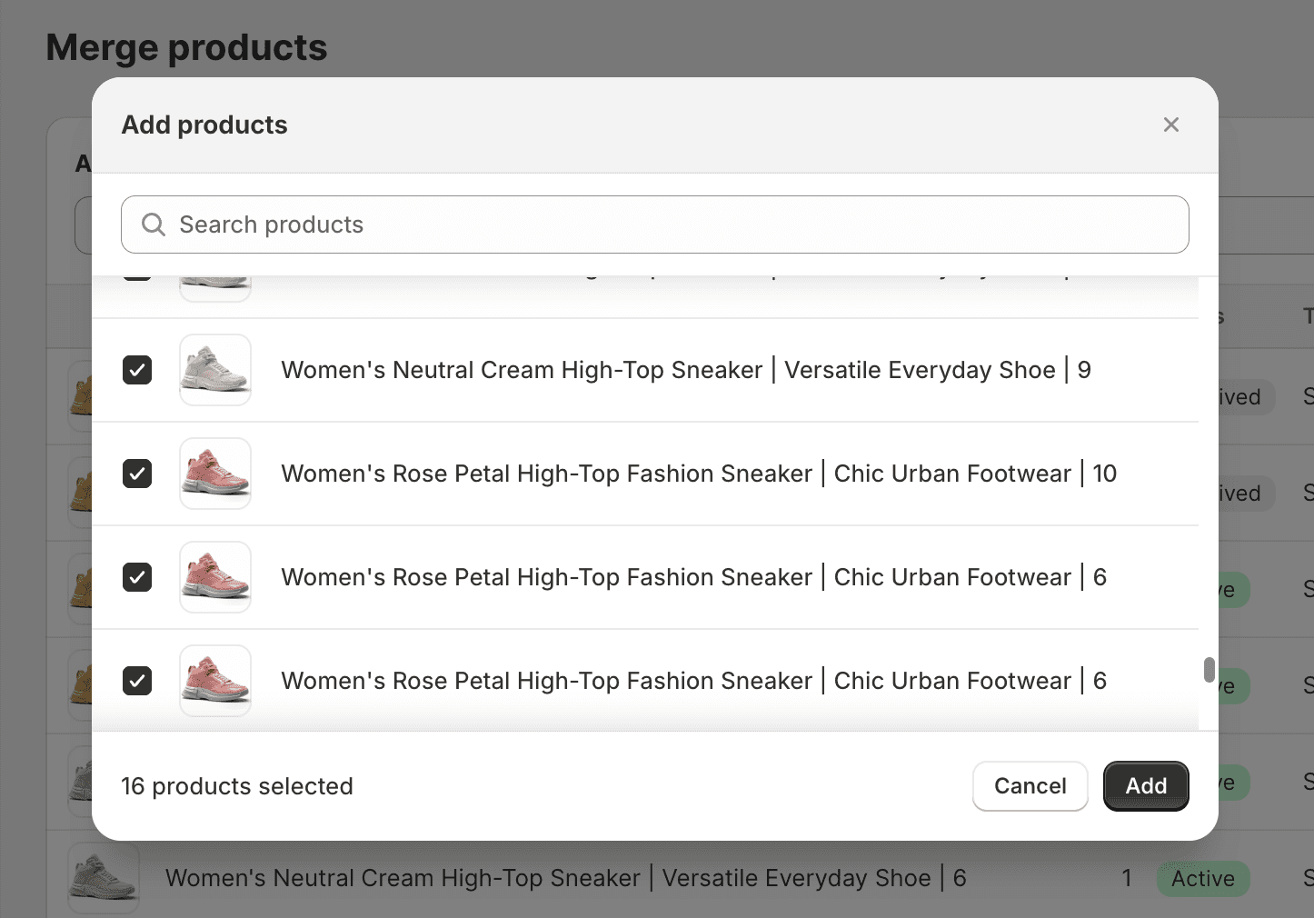 Select your products from within the merges app